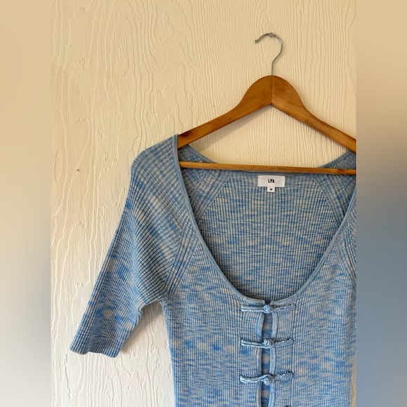 LPA Blue Knit Woven Ribbed Bodycon Tie Front Short Sleeved Scoop Neck Mini Dress - Picture 5 of 15